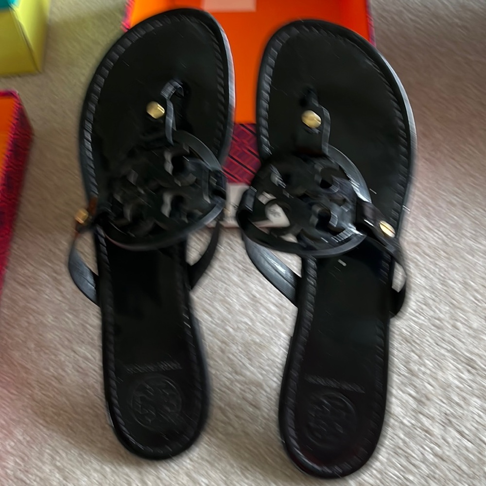 Tory Burch black patent Miller sandals